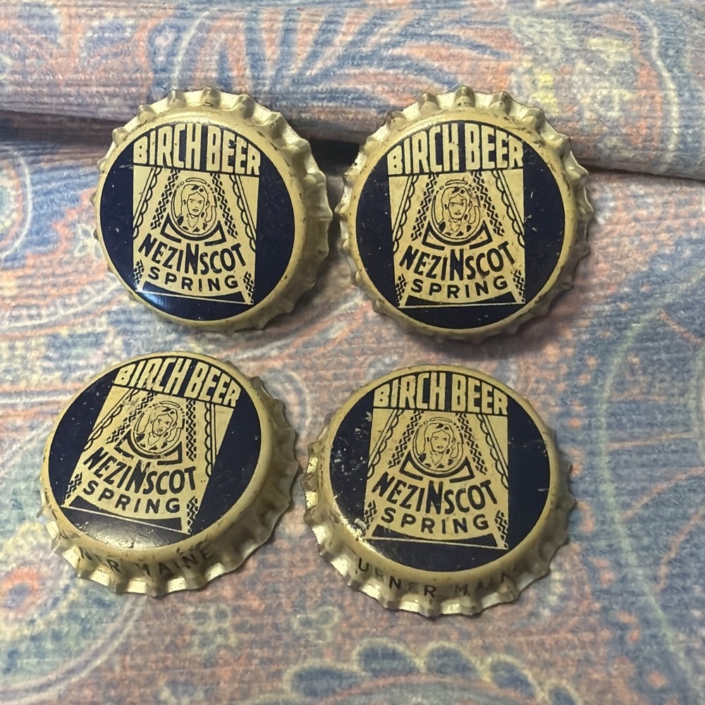 UNUSED NEZINCOT SPRING BIRCH BEER SODA CORK BOTTLE CAP CROWN TURNER ME LOT OF 4